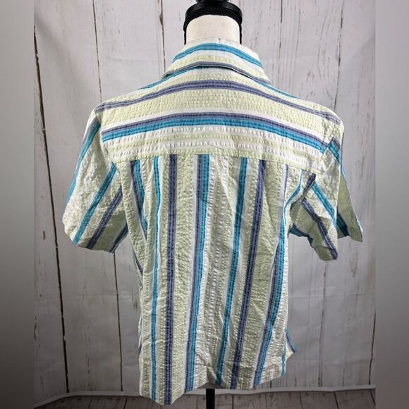 NWT Sara Studio Women’s Button-Up Shirt Striped Green Blue Short Sleeve Pocket - Picture 2 of 7